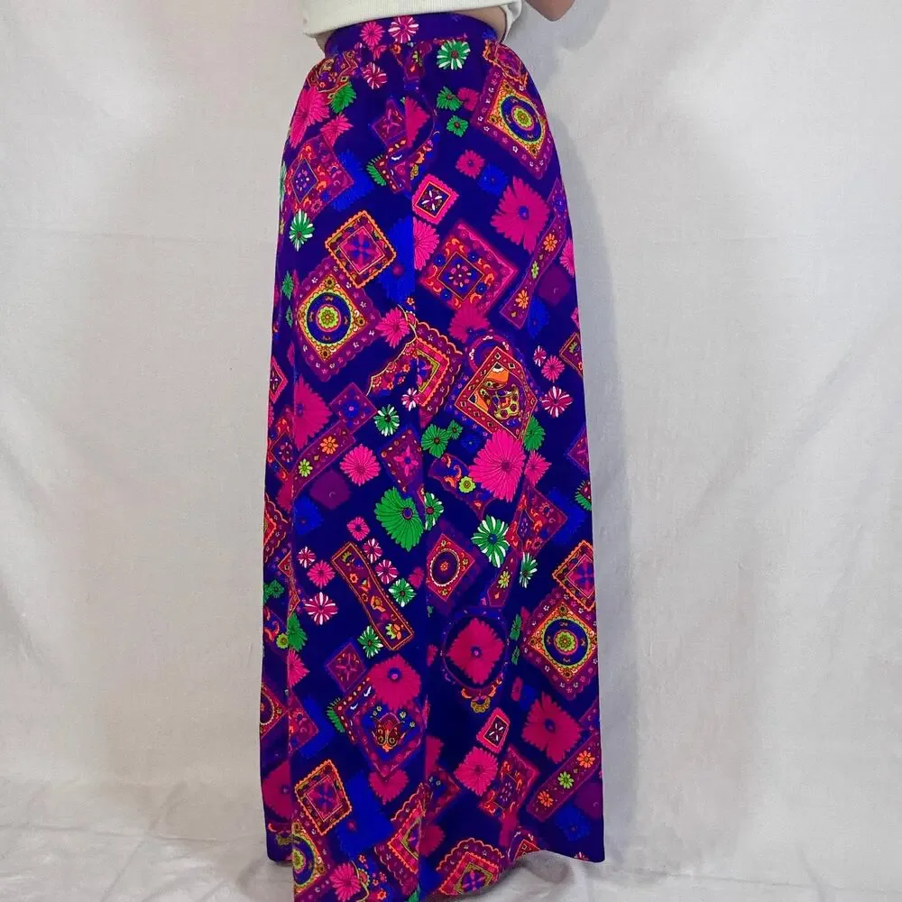 Vintage 1960s Tear Away Skirt Psychedelic Floral Print Purple Pink Green Neon
